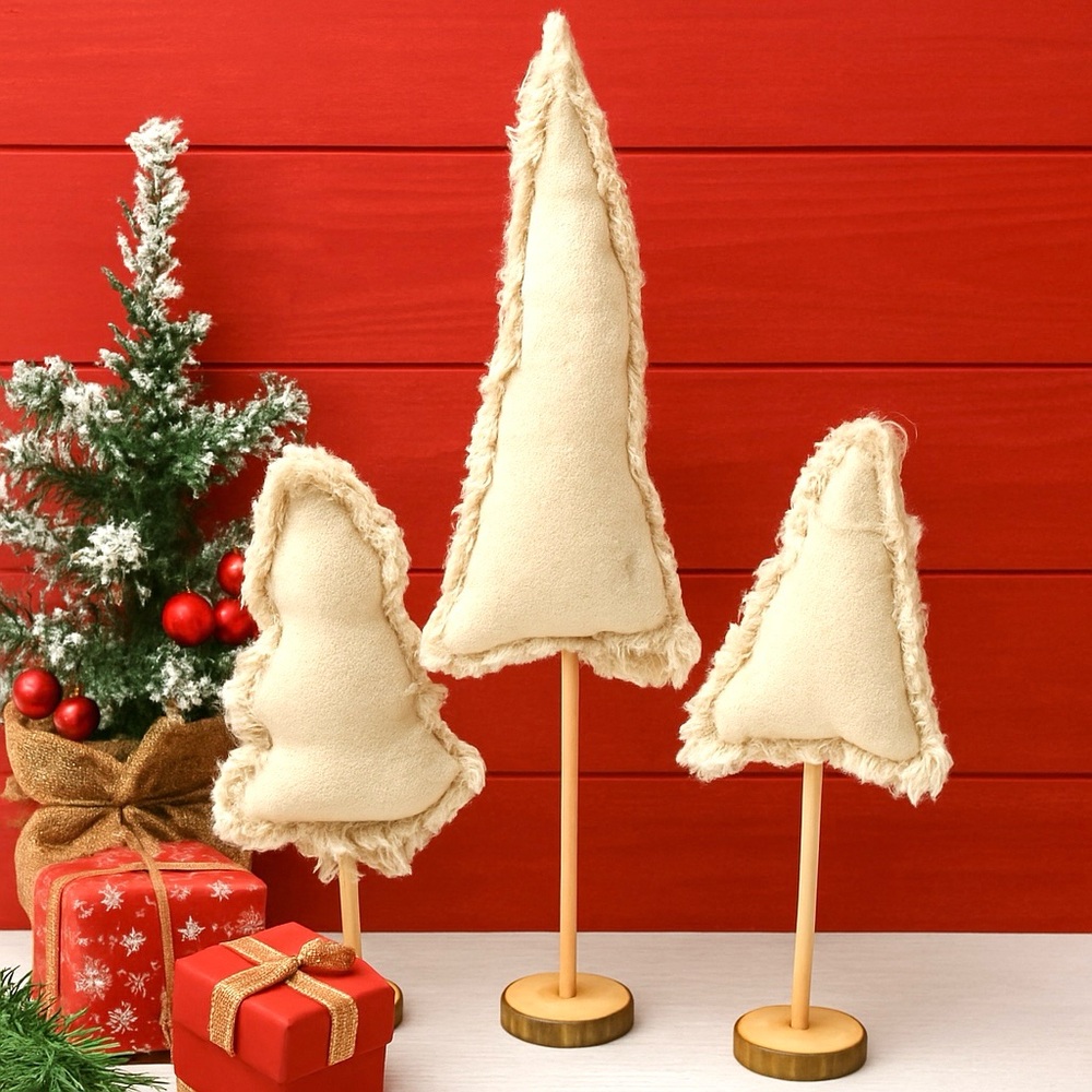 Vintage Farmhouse Style Off White Cloth Christmas Tree Set of 3